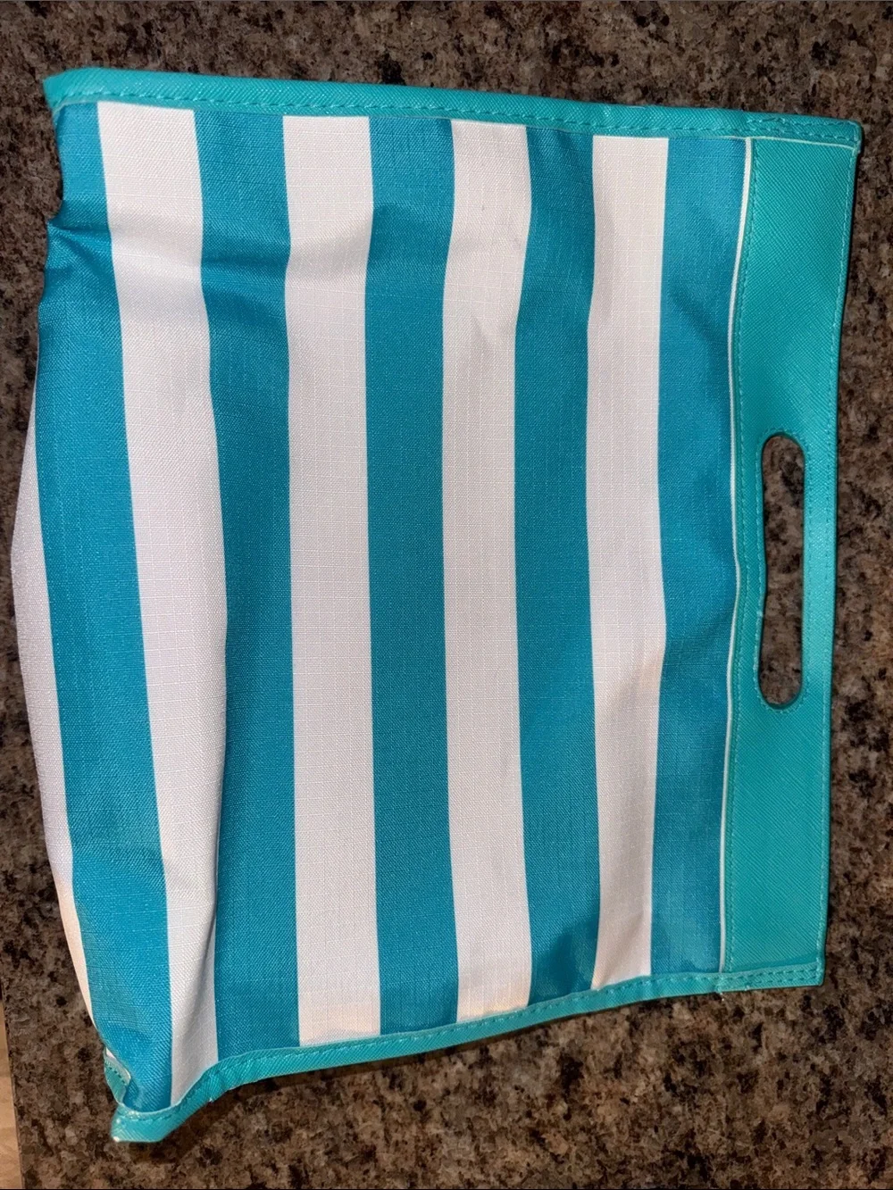Striped Turquoise & White Cosmetic Bag with Pink Zipper